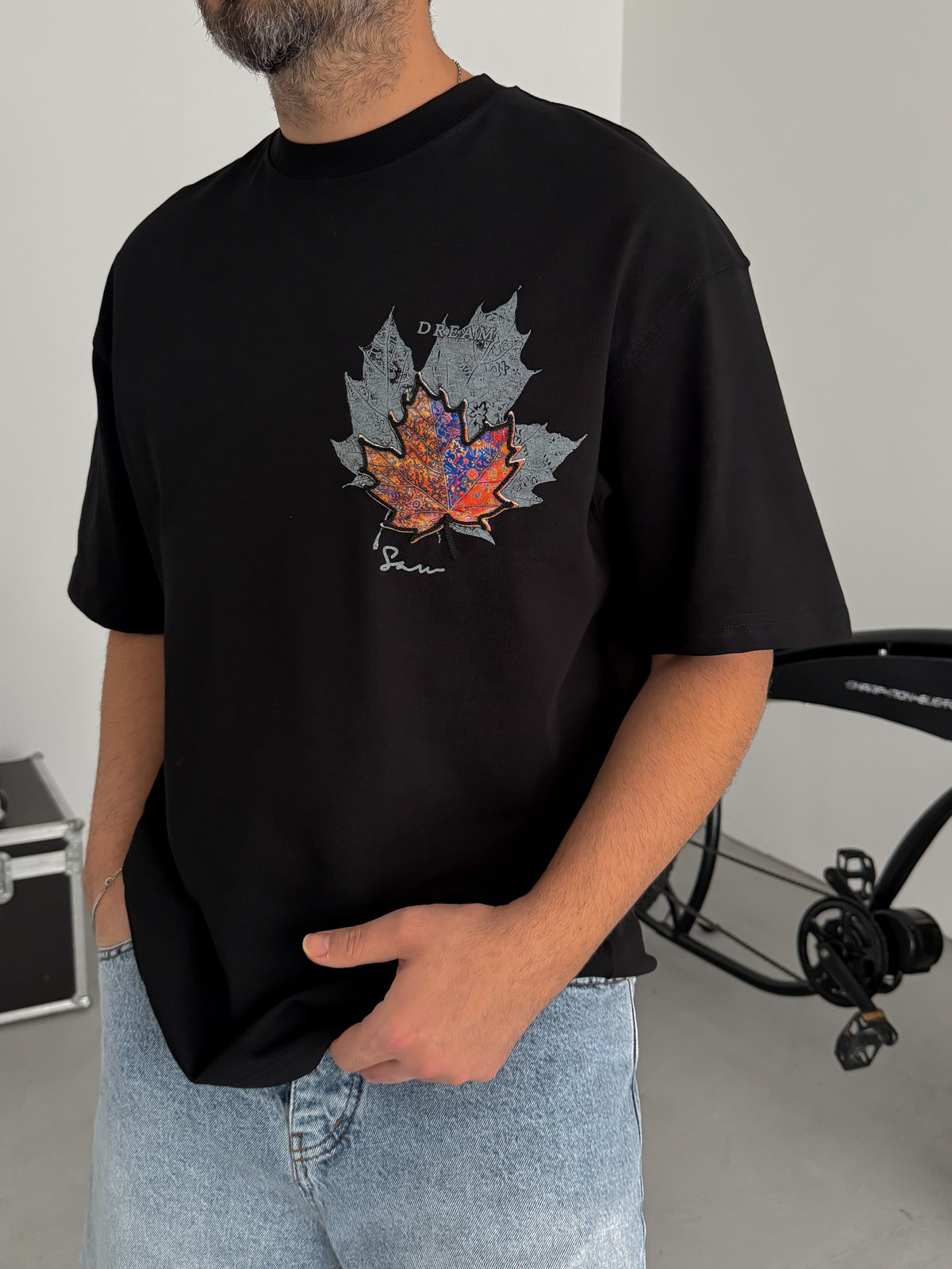 Black Leaf Patch Oversize T-Shirt