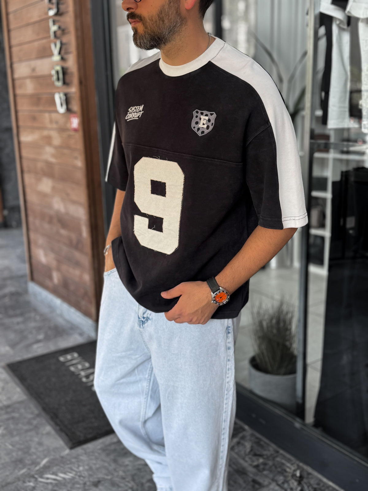 Number 9 Contrast Shoulder Oversized T-Shirt